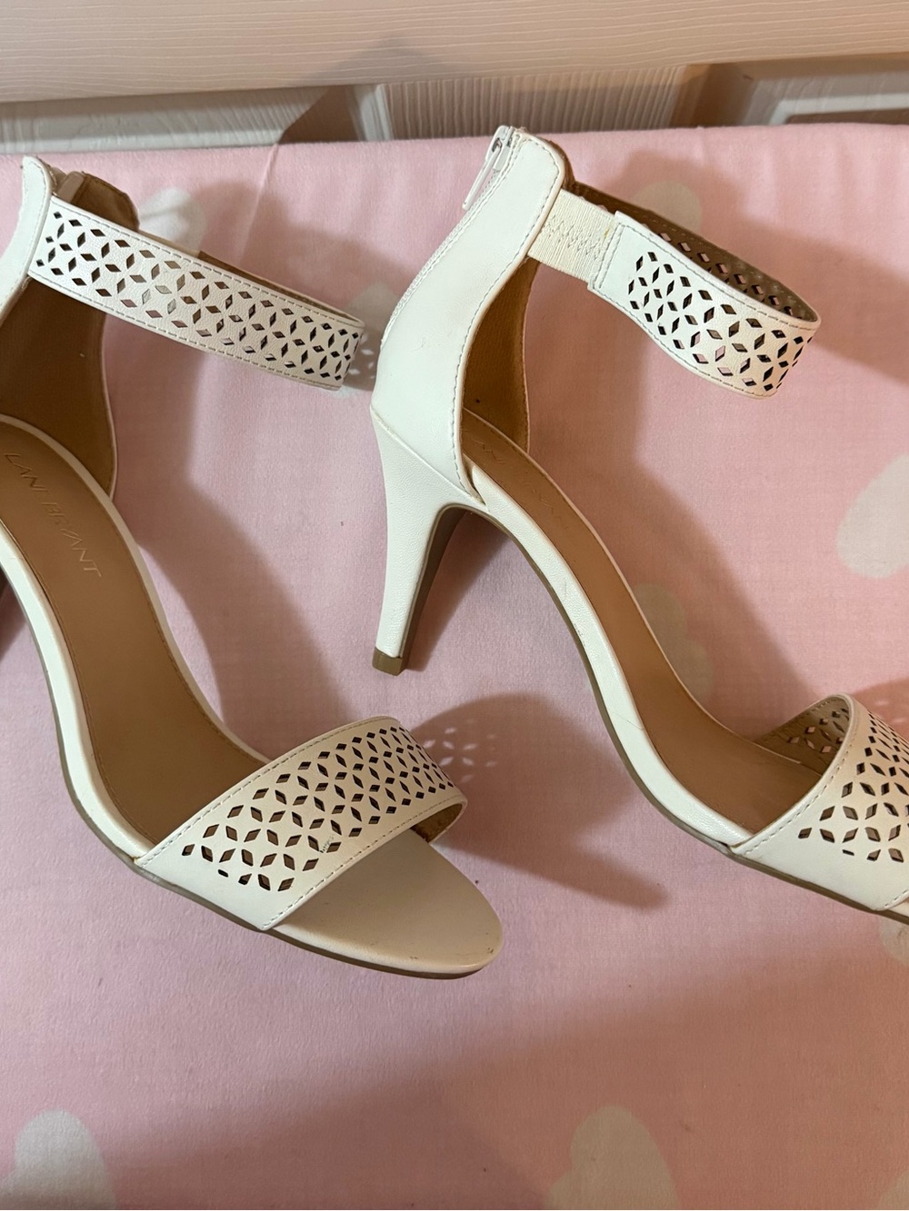 Lane Bryant Ivory Cream Laser Cut Ankle Strap Heels Size 8W - Picture 4 of 11